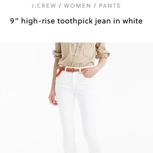 J.Crew 9” High-Rise Toothpick White Jean, size 27